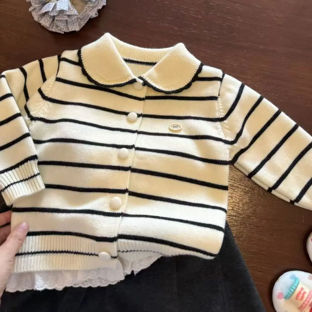 Childrens Wear Girls Patchwork Cardigan Sweater Fall Winter New Trendy Kids Striped Fake Two Layer Knit Jacket
