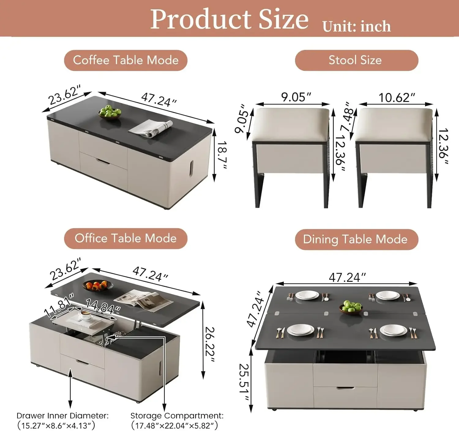 Table basse relevable avec tabouret, table centrale rectangulaire pour salon, table basse moderne, gris foncé, 47.24 po