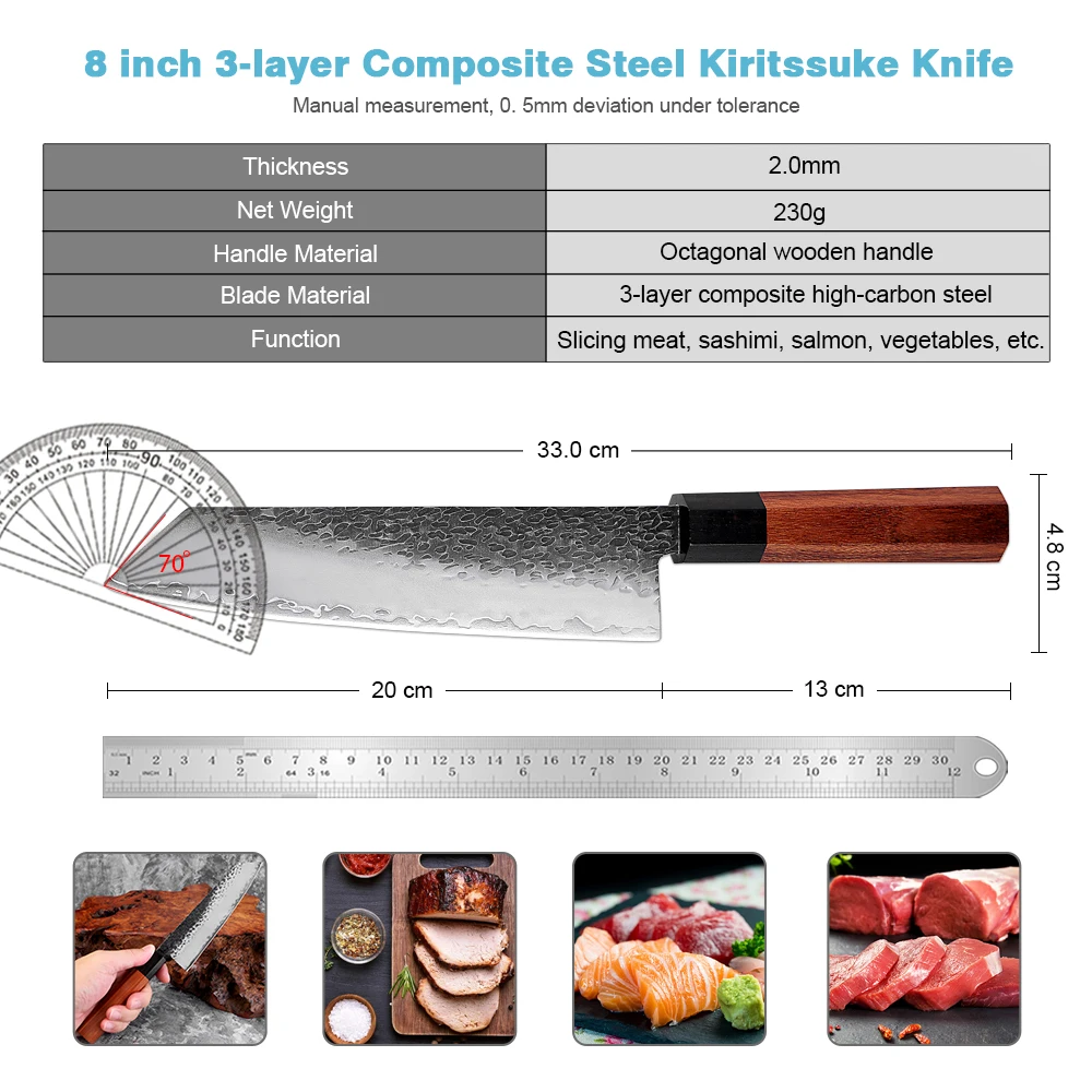 Japanese 8 Inch Kiritsuke Knife Triple-layer Composite Steel Sharp Hand Forged Chef Knife Gyuto Knife Octagonal Wooden Handle