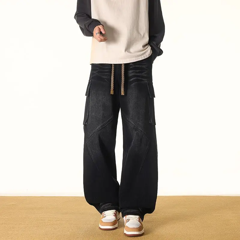 Men's Spring And Autumn Loose Jeans Fashionable Straight Leg Pants Washed And Polished White Work Pants Plus Size Casual Pants