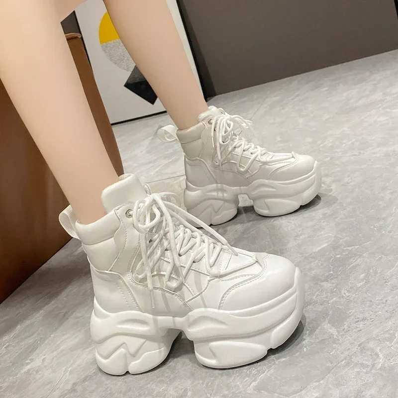 Fashion Thick Bottom Casual Sneakers Womens Warm Boots Cross Lace-up Height Increasing Comfortable Light Vulcanize Shoes Woman