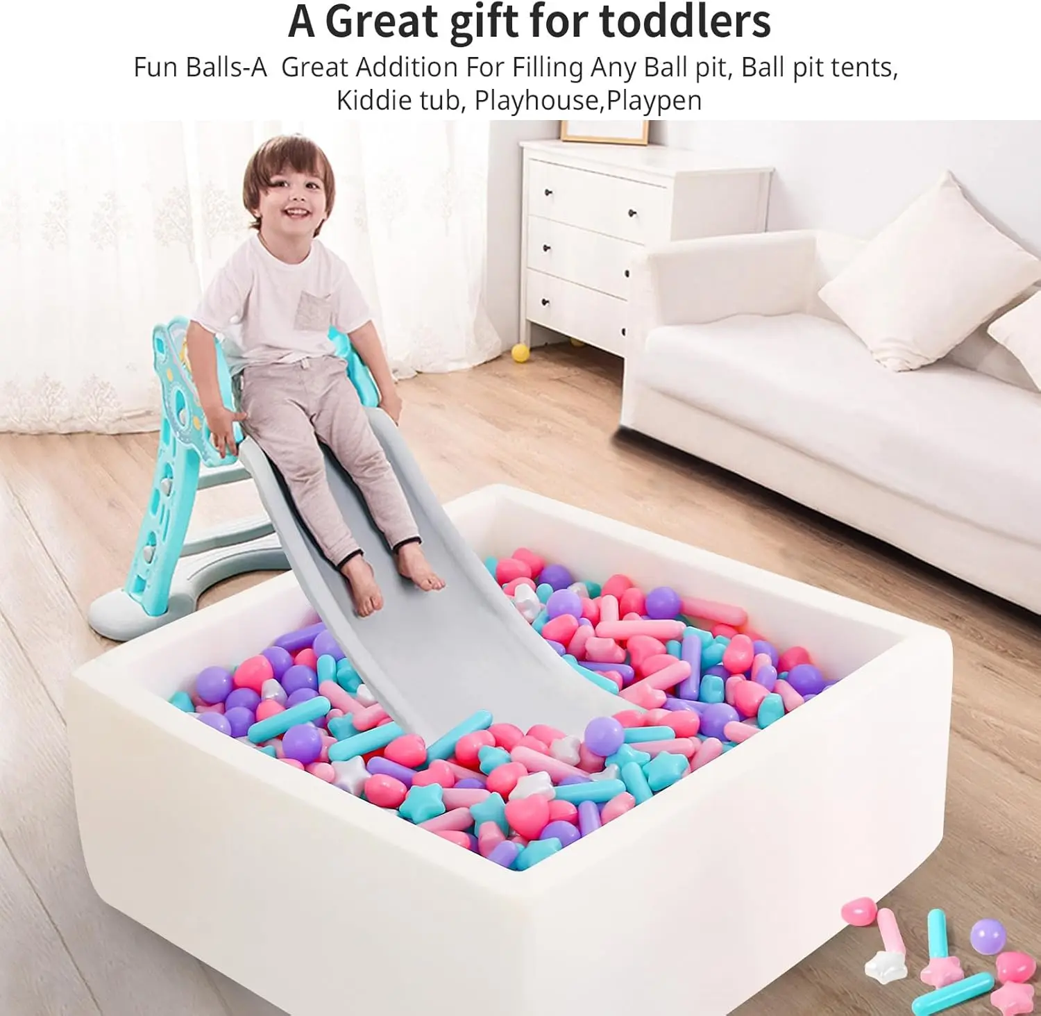 ลูกบอลสำหรับบ่อบอล 150 ลูก 4 รูปทรง ปลอดสาร BPA ทนทานต่อการบด ลูกบอลพลาสติกสำหรับบ่อบอล ของเล่นน้ำสำหรับเด็ก