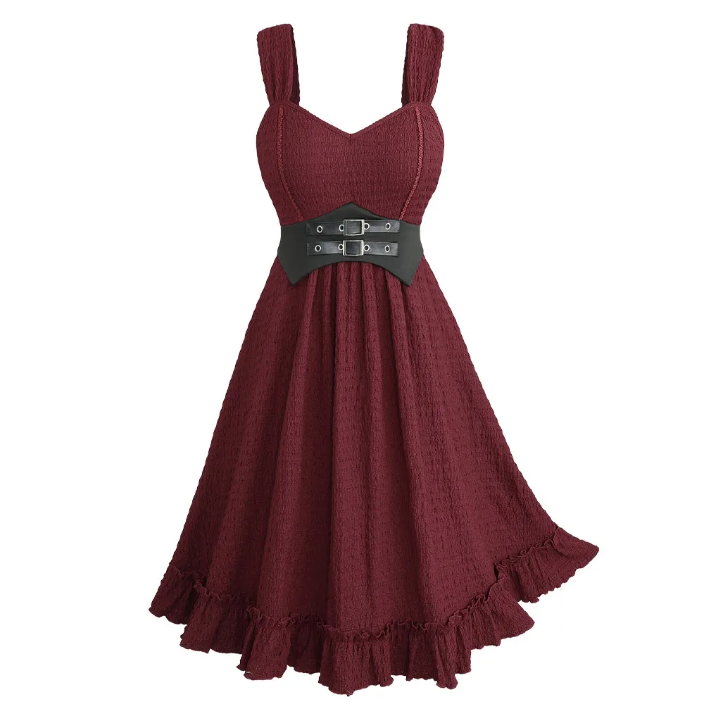 ROSEGAL Plus Size Vintage Dresses Women's Textured Crinkle PU Strap Buckle Grommet Belted Party Dress New Deep Red Vestidos 5XL