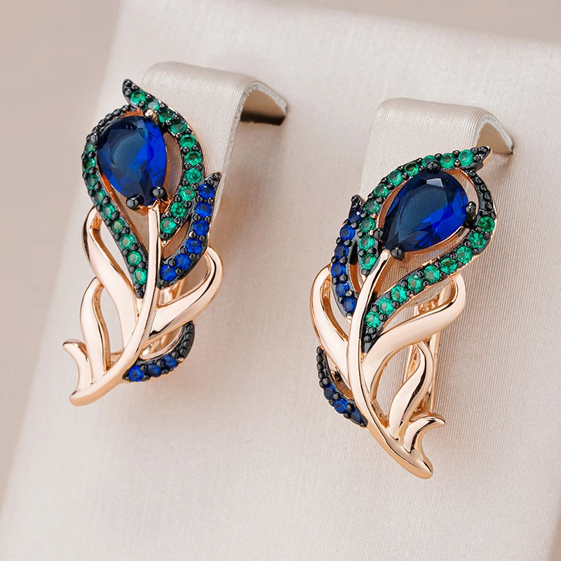 Kinel Hot Blue Natural Zircon Drop Earrings For Women 585 Rose Gold and Black Plating Vintage Crystal Leaf Daily Fine Jewelry