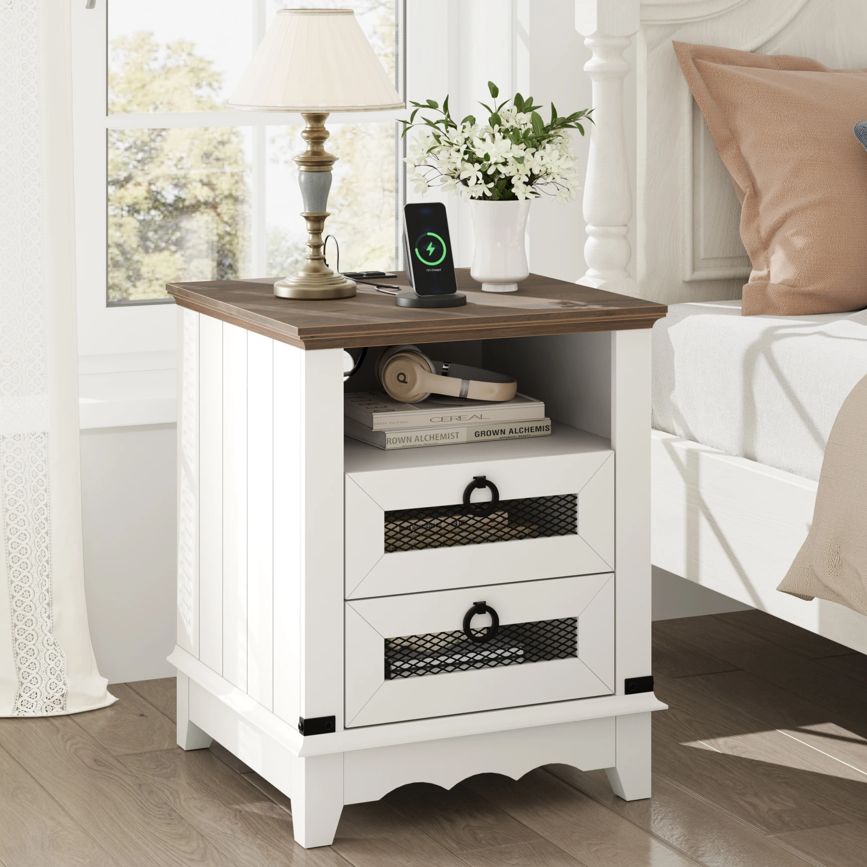 

Farmhouse End Table White Nightstand Wood Sofa Table Square Side Table with Charging Station Nesting Table with 2 Drawers