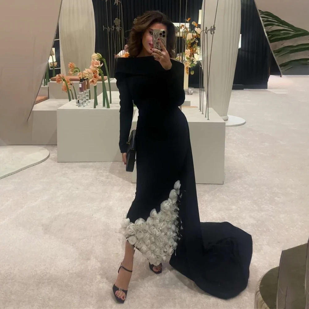 Chic and Sophisticated Off Shoulder Prom Gown Long Sleeve 3D Appliques Black Patchwork Wedding Dresses فساتين السهرة