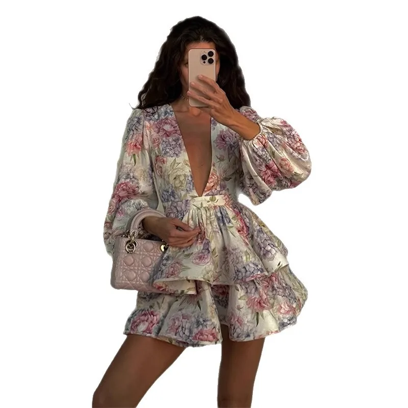 2025 novas mulheres amarelo decote em v impressão vestido curto lanterna manga em camadas saia francês elegante multi cores opções