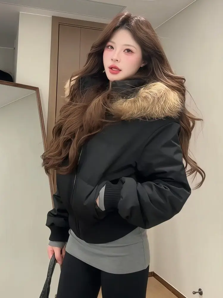 Winter Short Women's down Jacket Warmth Large Fur Collar Korean Style Small Size Female Cotton Coat Thickened Long Sleeve Zipper