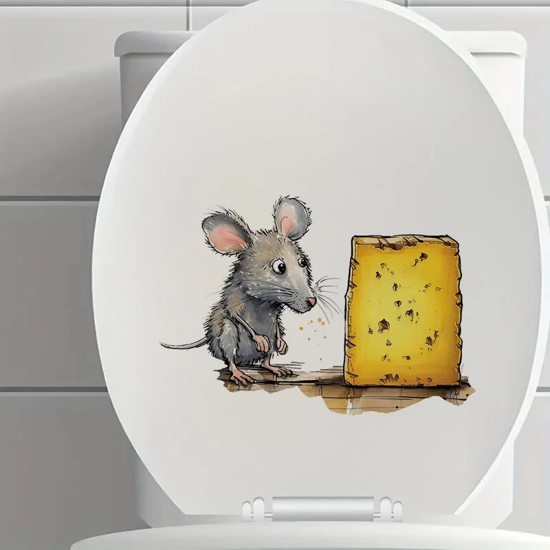 Funny Mouse and Cheese Toilet Lid Decal, Animal Print Self-Adhesive Sticker