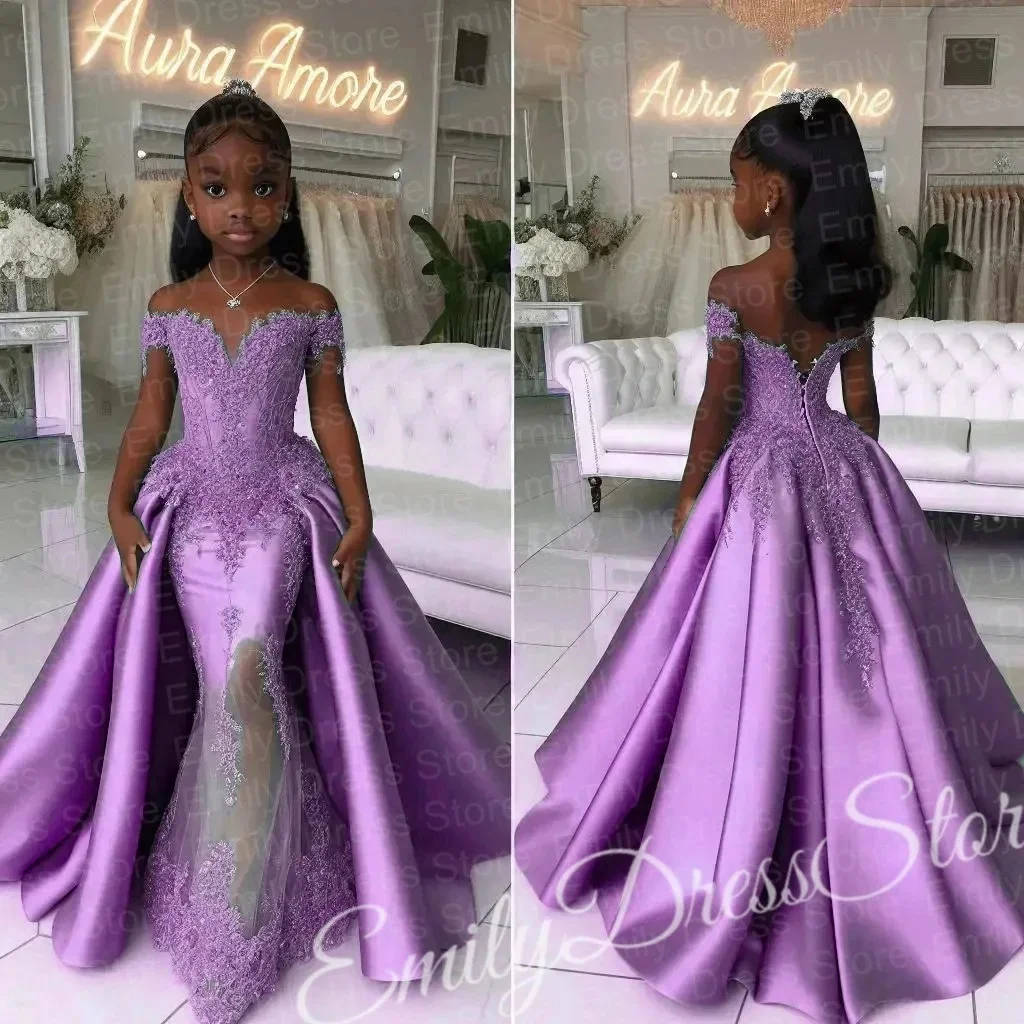 Elegant Satin Customized Flower Girl Dress For Wedding Off Shoulder Applique Fishtail Kids Birthday Party First Communion Gown