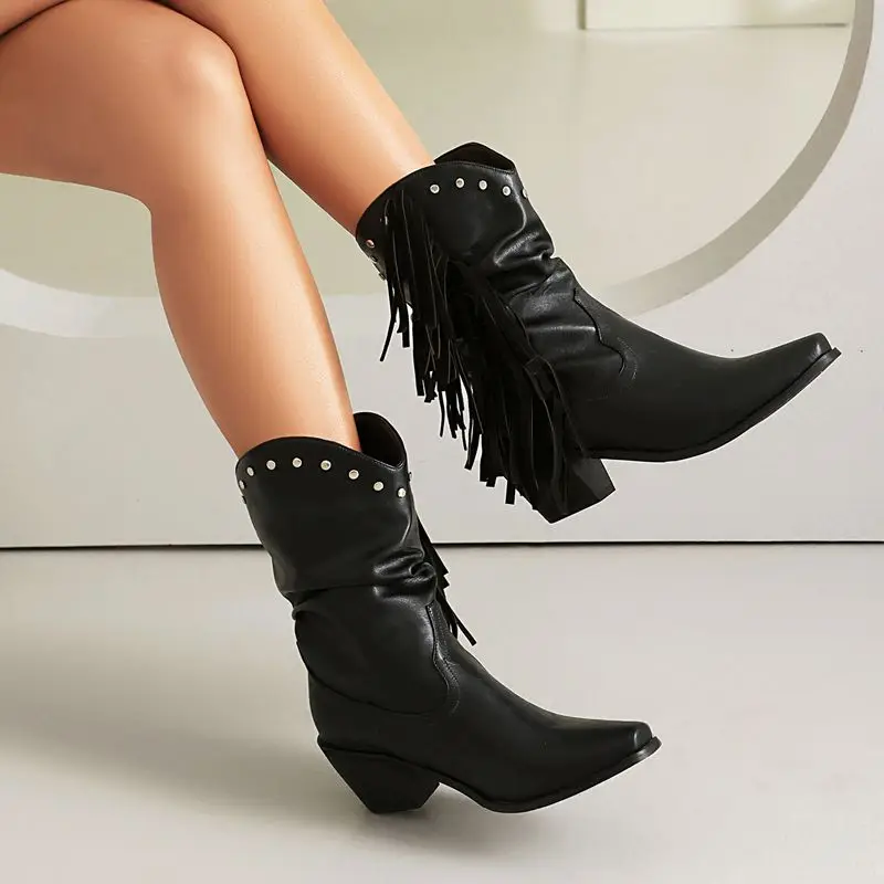 

SIMLOVEYO 2025 Модные слипоны на распродаже с кисточками Большой размер 50 Повседневные ботинки до середины икры в стиле вестерн Обувь с квадратным носком на массивном каблуке 6 см