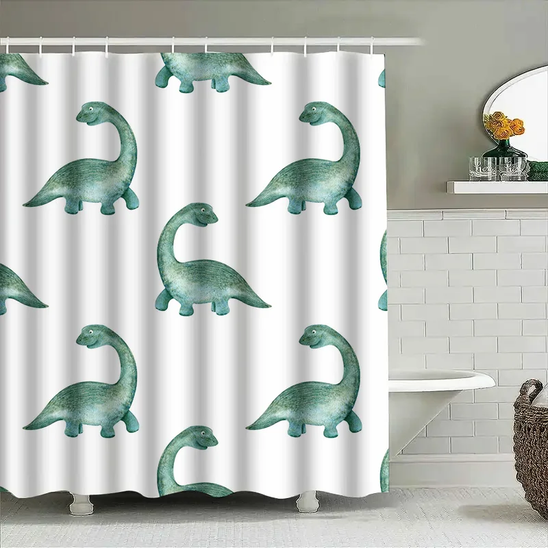 

Яркая занавеска для душа с принтом динозавра, водонепроницаемая ткань для декора ванной комнаты с крючками, зеленые тона (180x240 см)