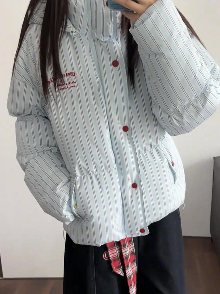 Vintage Gestreiften Brief Parkas Frauen Lose Winter Warme Hip Hop Puffy Mantel Amerikanischen Casual Stehkragen Harajuku Dicke Jacke Neue
