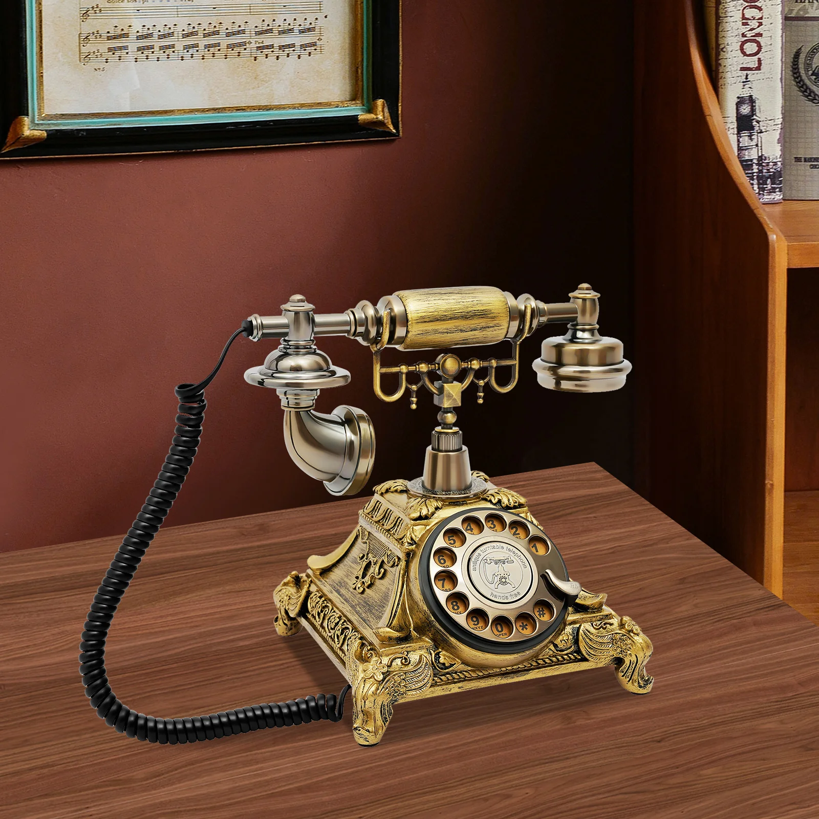 Retro Vintage Telephone, Bronze Antique Style Landline Home Phone, Decorative Old Fashioned Rotary Dial Desk Phones, Phone Set