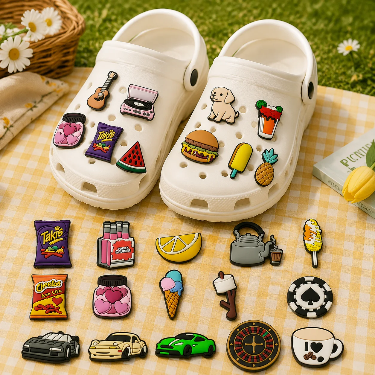 1/25PCS Cute Food & Lifestyle Shoe Charms Set DIY Decorative Pins Burger Ice Cream Car Clogs Accessories for Women Men Shoe Gift