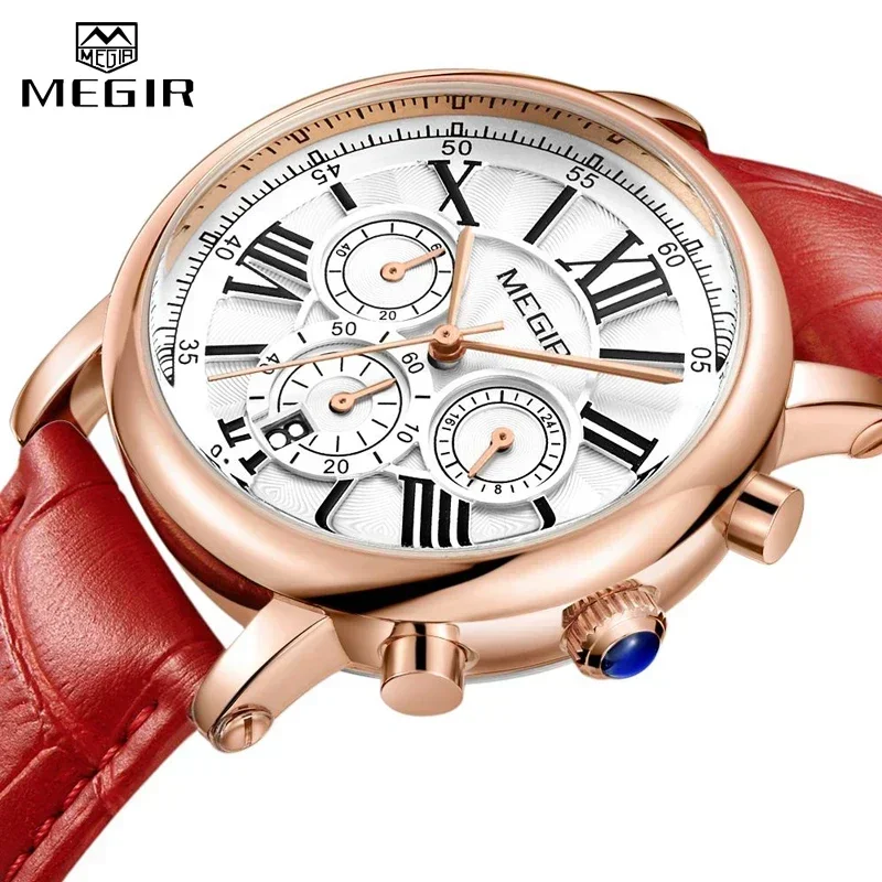 MEGIR-Montre chronographe à quartz en cuir pour femme, célèbre marque de luxe, avec chiffres romains, tendance 2058