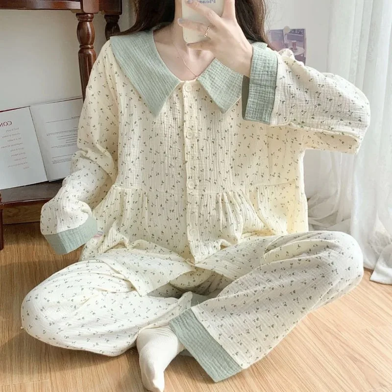 2023 New Cotton Gauze Pregnant Women\'s Flounce Pajamas Spring Autumn Postpartum Homewear Puerpera Thin Nursing Clothes Sleepwear