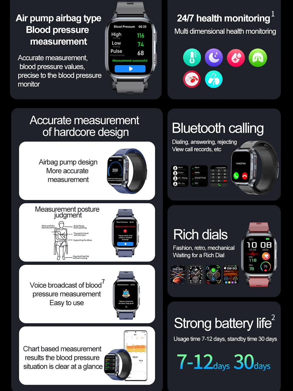 공기 펌프 + 에어백 진정한 정확한 혈압 스마트 시계 남자 2.01 "화면 NFC 액세스 제어 블루투스 통화 Smartwatch 여성