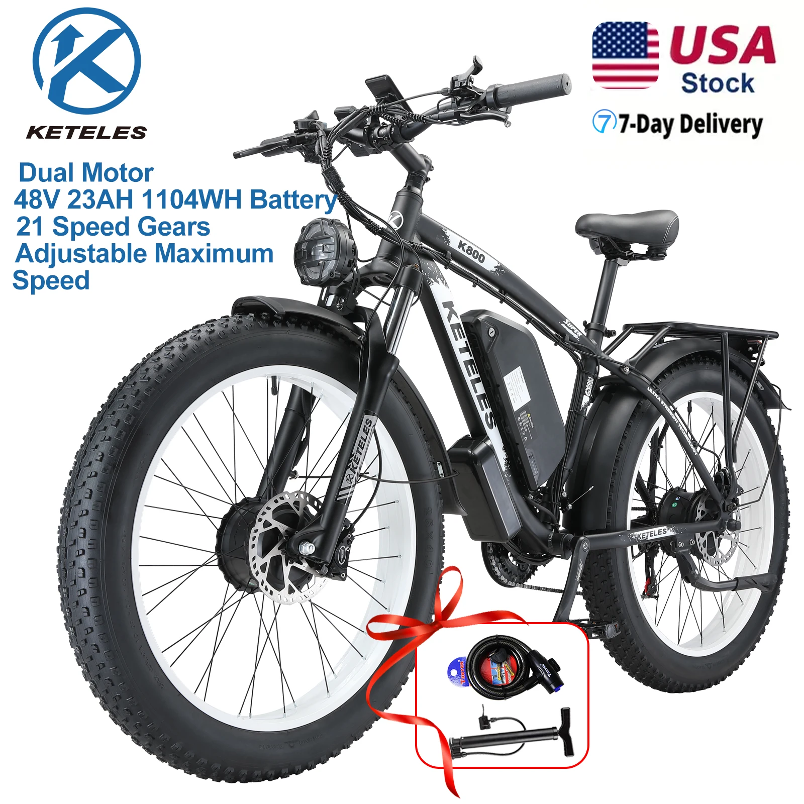 KETELES 26'' Adult Electric Bicycle 4000W Dual Motor 21-Speed E-Scooter 48V 23AH Removable Lithium Battery Brushless Motor 32mph up to 70 Miles Full Aluminum Frame Ebike image 4