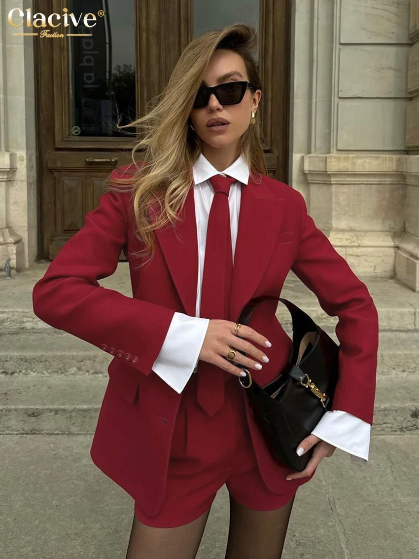 Clacive Fashion Loose Red Office Shorts Sets For Women 2 Pieces Elegant Long Sleeve Blazer With High Waist Shorts Set Female