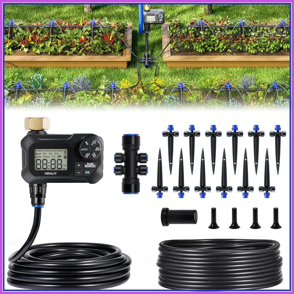 

50FT Automatic Drip Irrigation Kit with Timer, Easy Programmable Watering System for Patio Lawn, Quick Connect Design