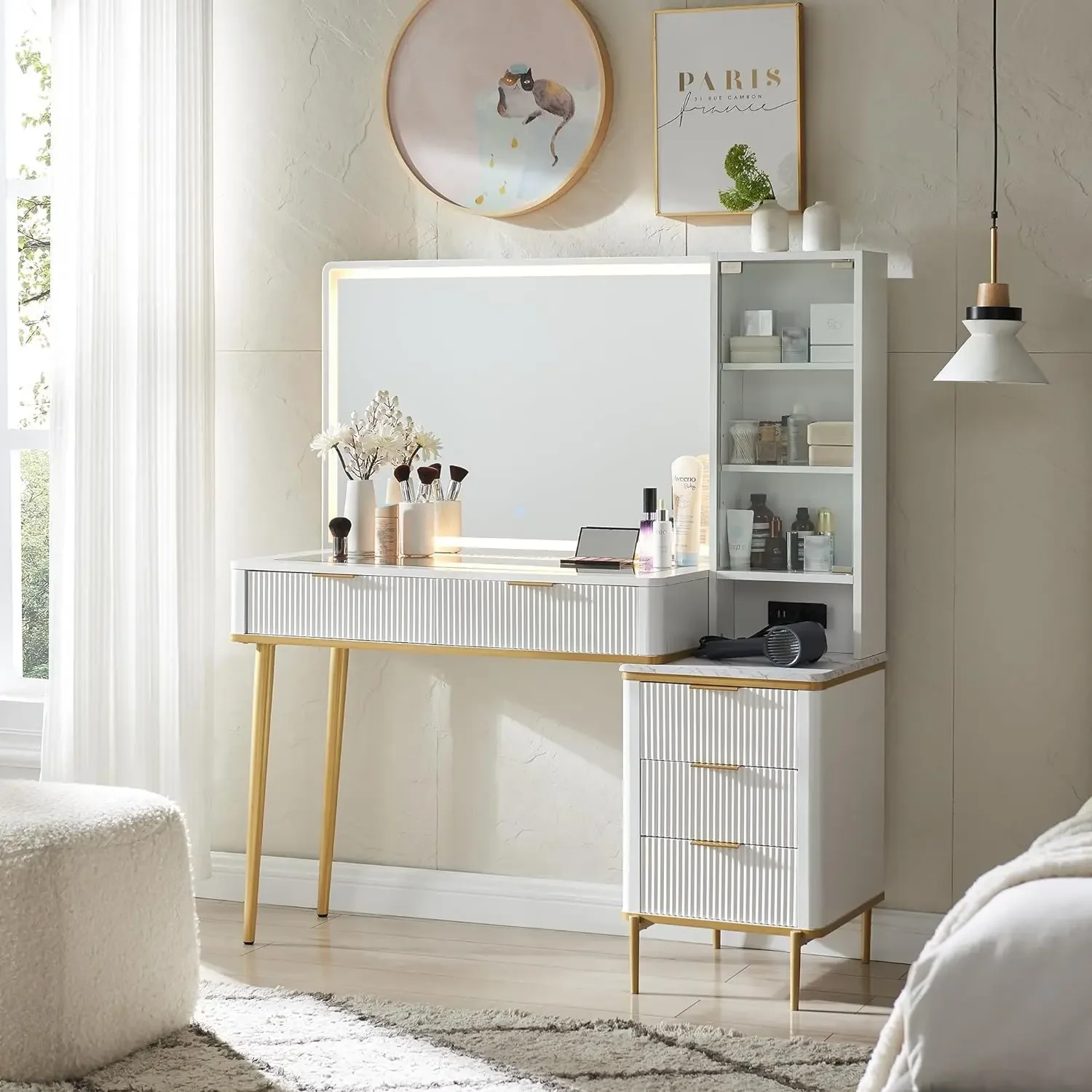 

Makeup Vanity Desk with HD Lighted Mirror, Mirror and Lights, Dressing Table with Drawers & Shelves, Glass Top for Bedroom