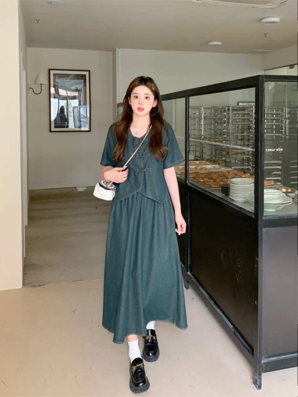 

plus Size Women's New Chinese Sle National Trend Button ort Sve Denim Top Summer New A-Line Skirt Two-Piece Set