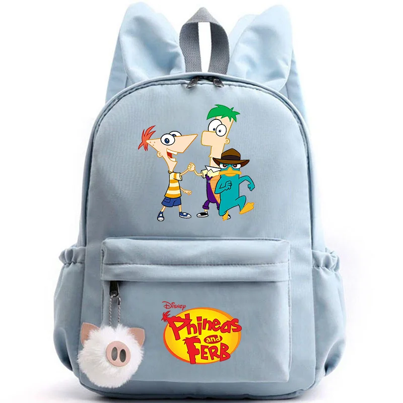 

Рюкзак Disney Phineas And Ferb для девочек и мальчиков, Детский рюкзак, повседневные школьные сумки, дорожные рюкзаки с кроличьими ушками, Mochila