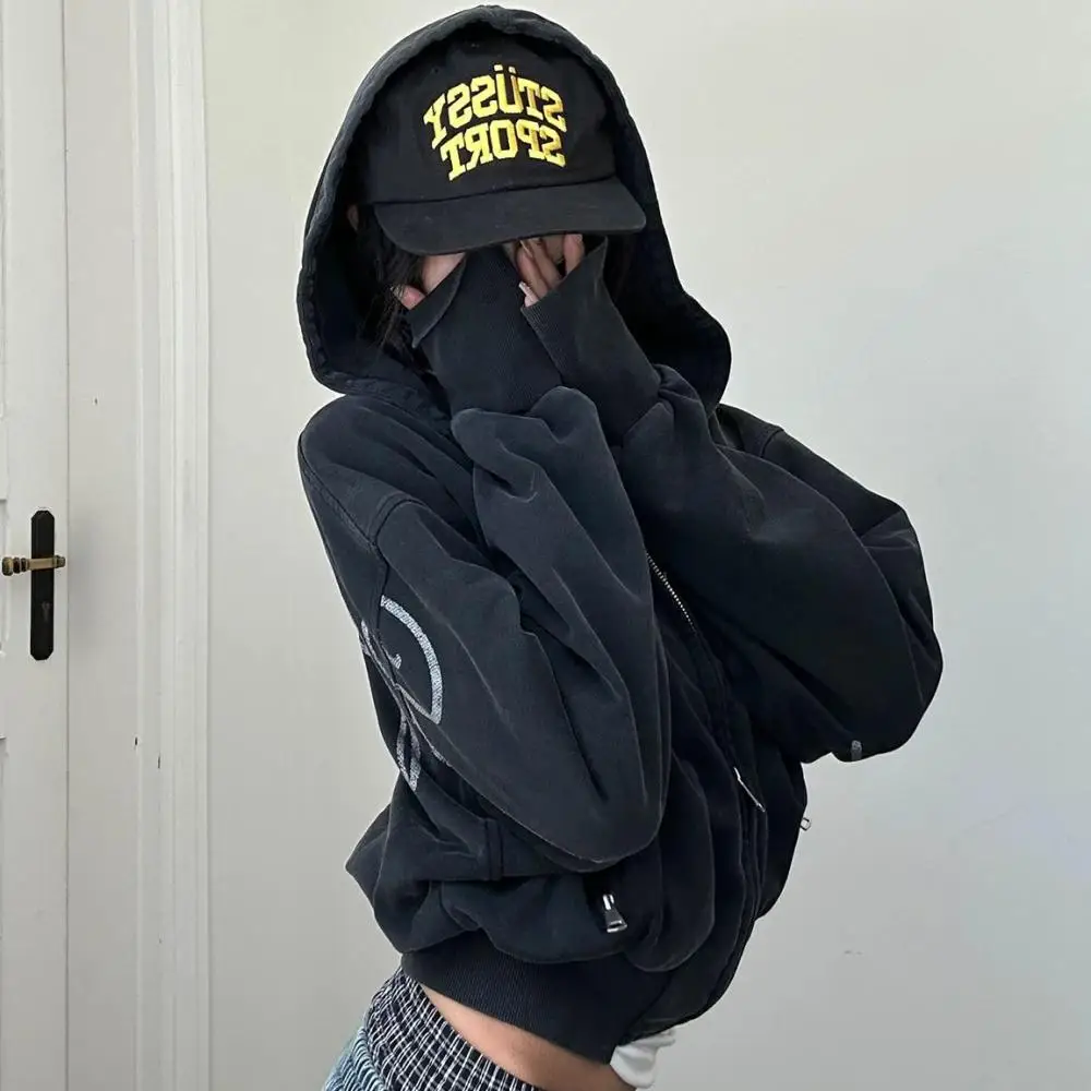 Y2K Girl American Gothic Letter Print Hoodie Fall Winter Harajuku Men and Women Zipper Jacket Trend Leisure Oversized Sweatshirt