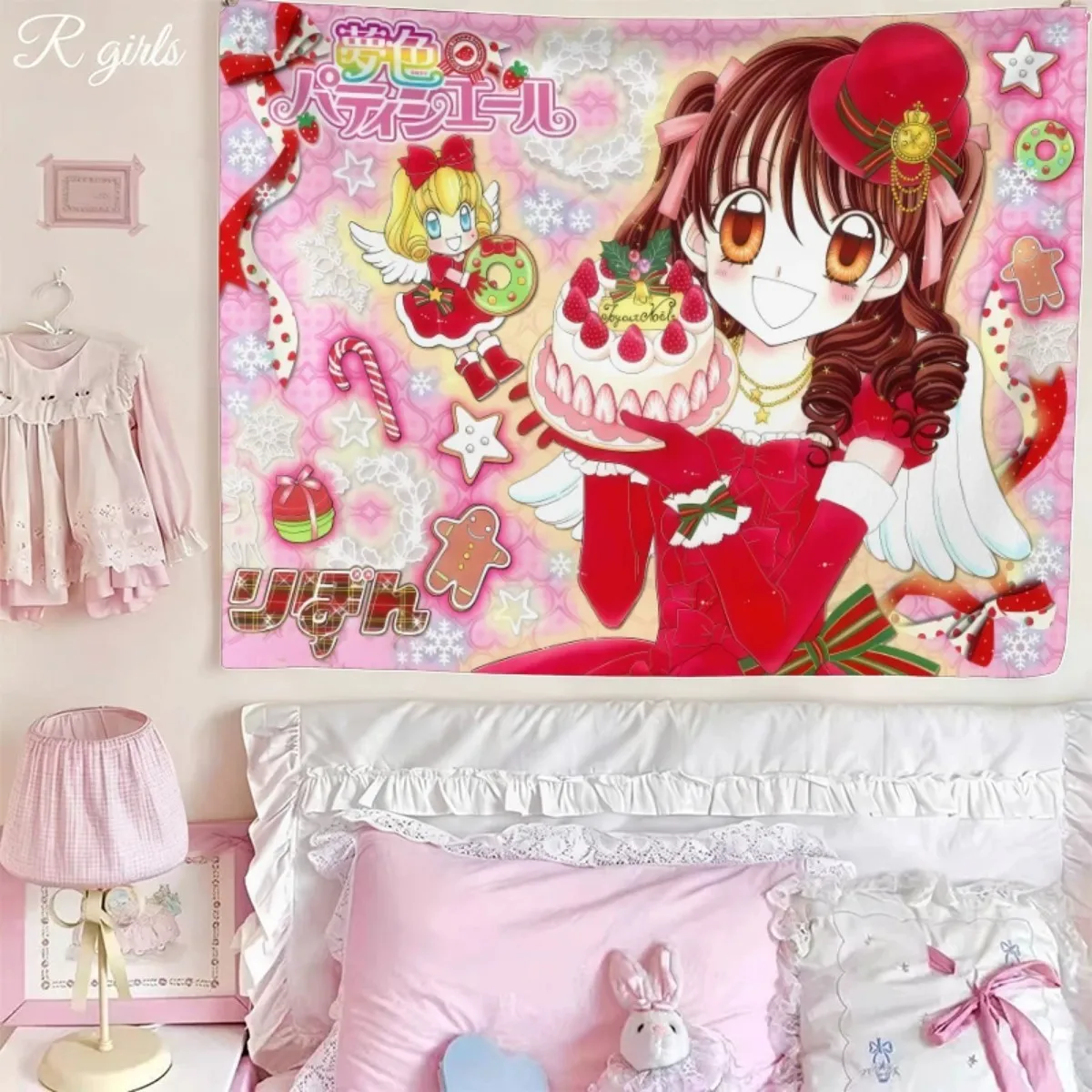 Vintage Japanese Anime Girl Tapestry, Christmas Strawberry Cake Angel Pink Background Wall Hanging, Sweet Decor for Girl Bedroom