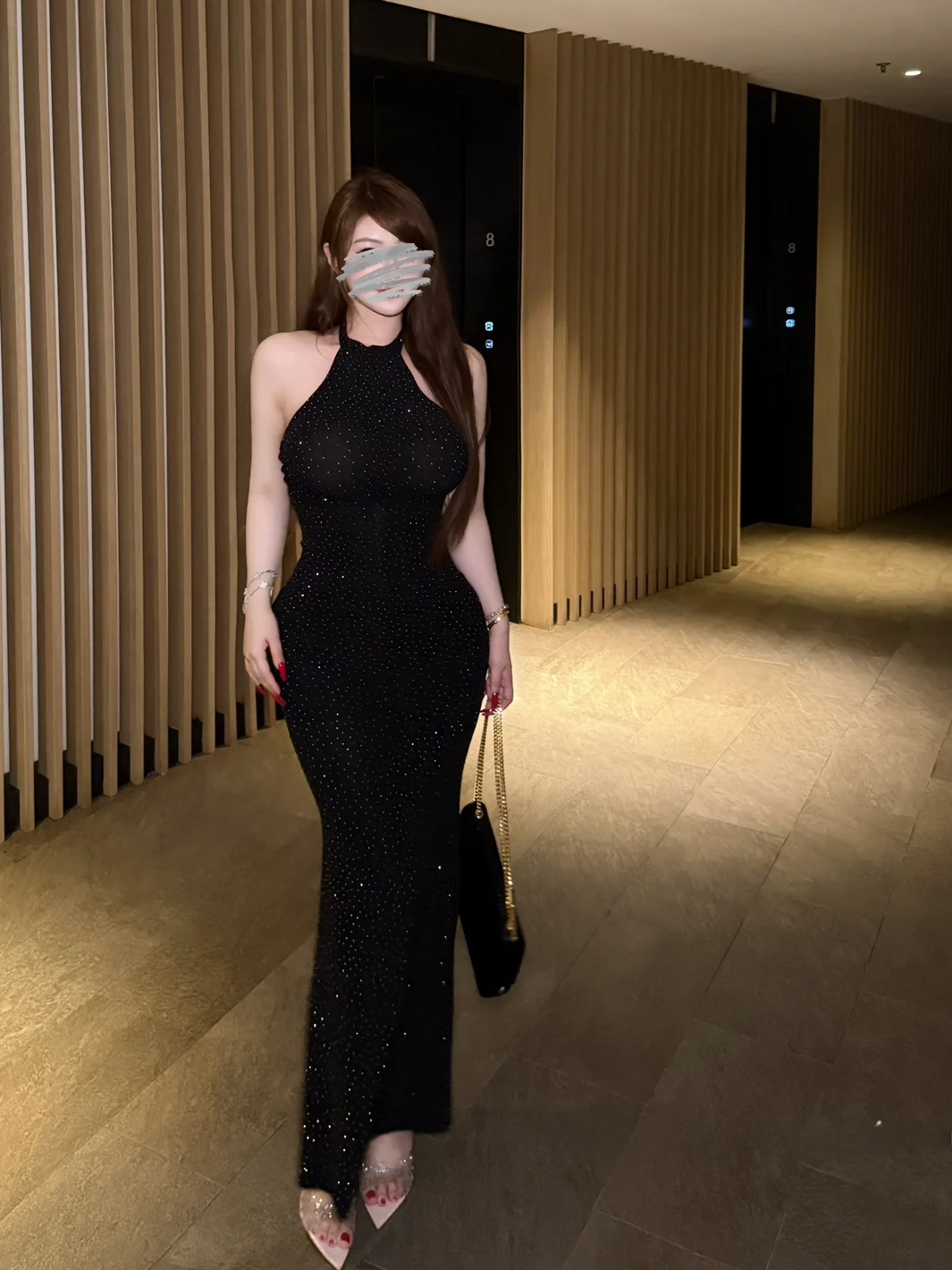 

plus Size Sexy Champagne Night Spring Summer Sleeveless Long Dress Neck Hanging Drill Slimming Design for Trendy Ladies