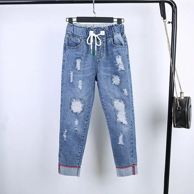 Pantaloni larghi elastici a vita alta Jeans strappati da donna Hole Light Wash Denim pantaloni larghi 2022 polsini moda estiva Streetwear