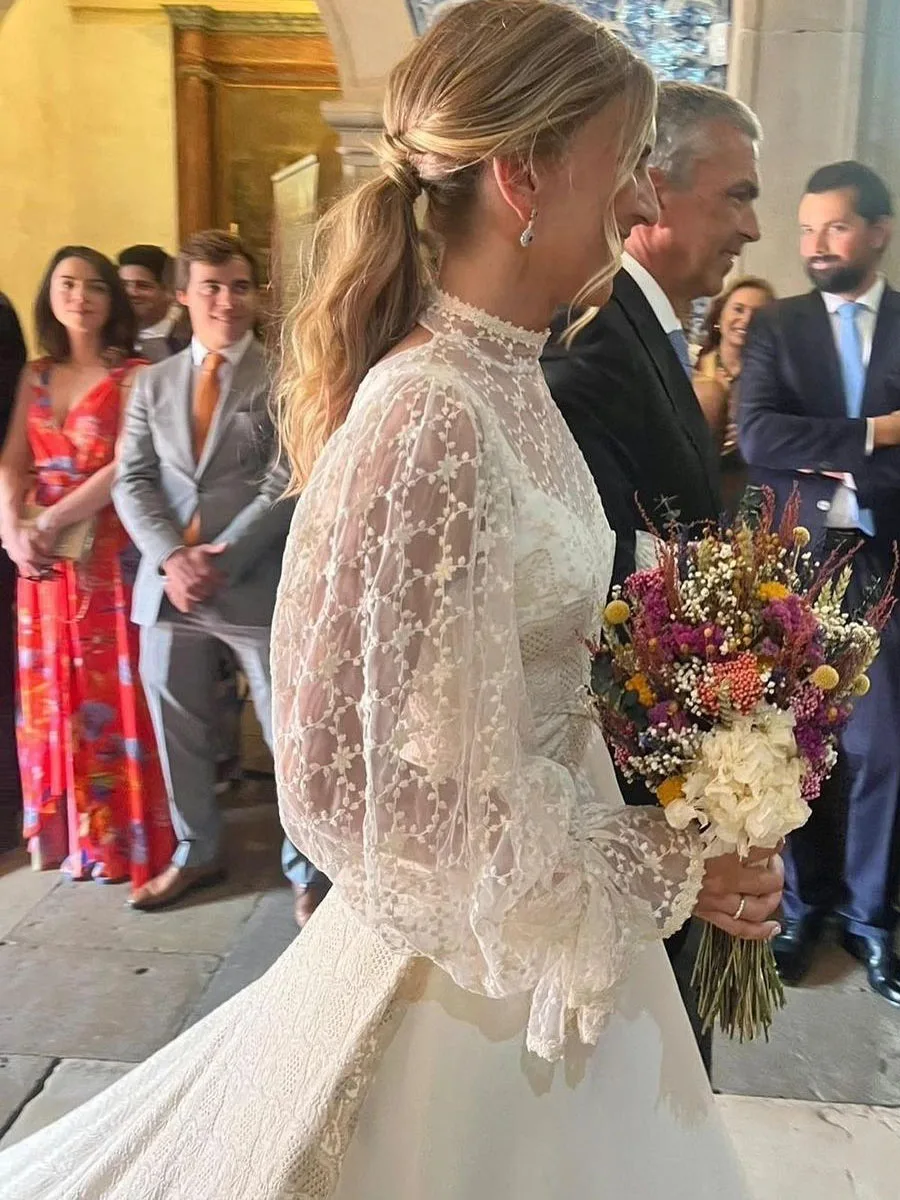 Robe de Mariée Sirène en Satin avec Cape en Dentelle pour Femme, Longueur au Sol, Patients, Quelle que soit la Traîne de Balayage