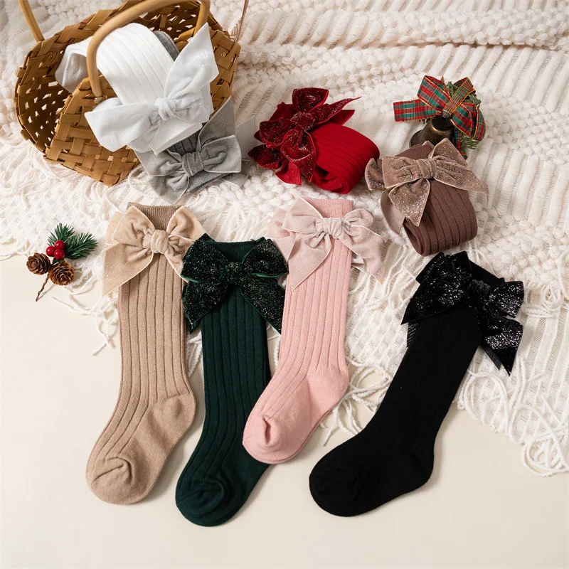 Calze al ginocchio per neonate autunno inverno bambini Big Bow Long Soft Christmas Sparkly Sock Cotton Red Children Socken per 0-8 anni