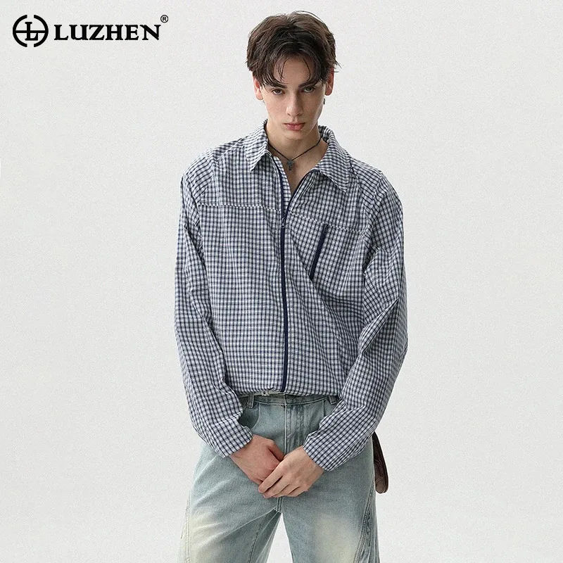

LUZHEN High Quality Elegant Zipper Pockets Decorate Long Sleeve Shirts Men's 2025 New Plaid Printed Handsome Casual Tops JY3607