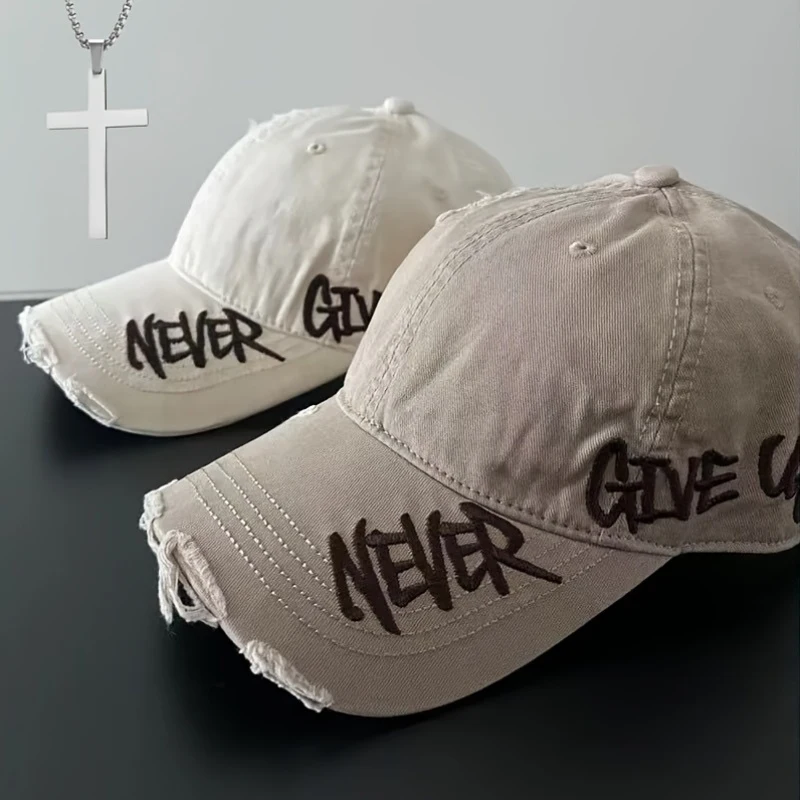2pcs ( Unisex Baseball Cap and Necklace Set) Outdoor Sports Adjustable Snapback Hat Letters Embroidered Washed Distressed