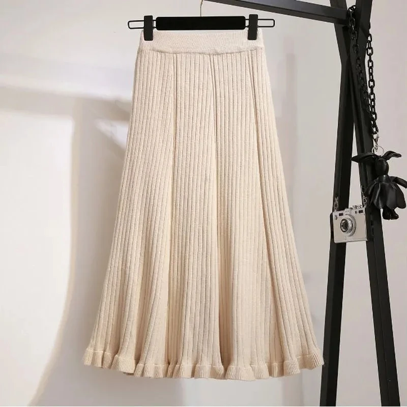 

Knitted Dress Skirt Women's Autumn Clothing New High Waist Sunken Stripe Hip Skirt Pleated A- line Skirt Mid-Length Winter Skirt