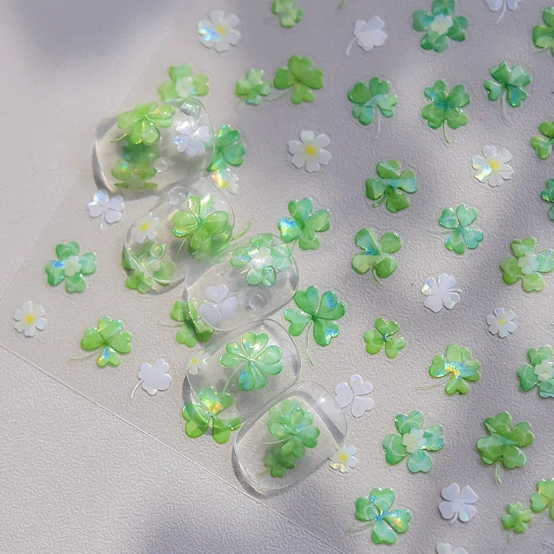 Shiny Green Four Leaf Clover Summer Colorful Jelly Flower Daisy Rhinestone Laser Nail Art Decoration Sticker Manicure Tool Decal