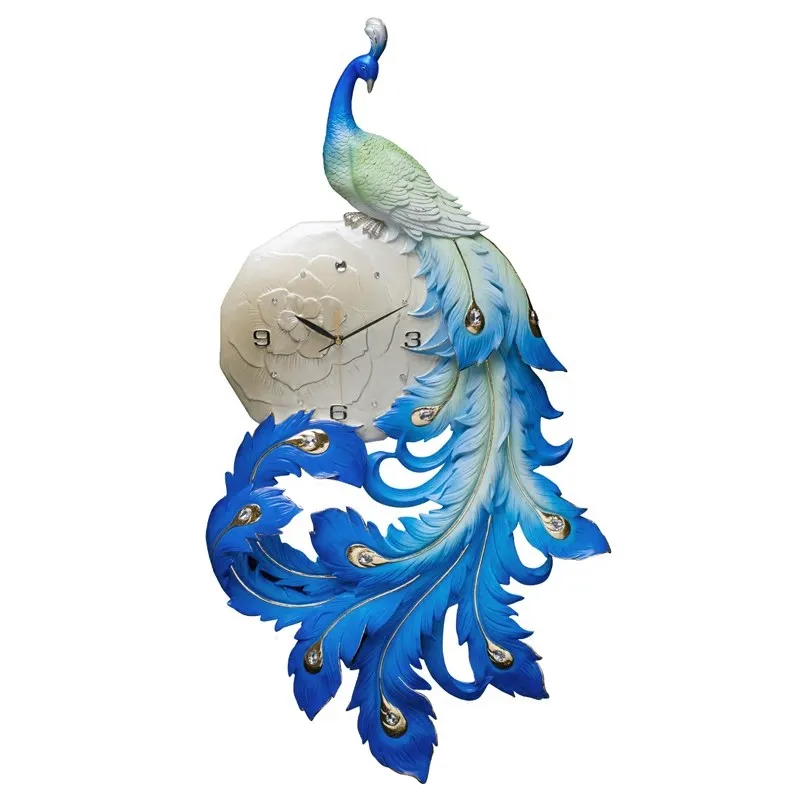 Chinese Resin Peacock Wall Clock Mural Ornaments Livingroom Home Light Luxury Mute Hanging Craft Decoration