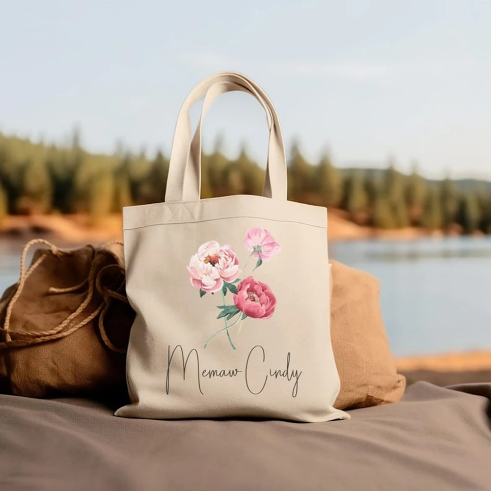 Custom Birth Flower Canvas Tote Personalized Birth Month Flower Custom Name Bag Personalized Bag Best Friend Gift Shoulder Bag