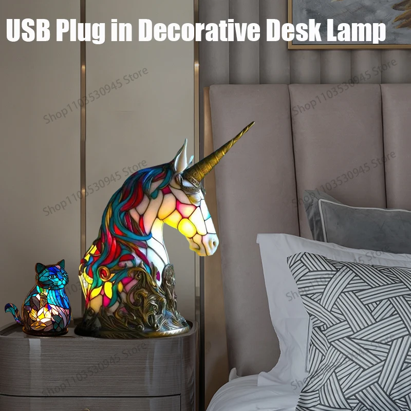 3D Resin Stained Glass Animal Table  USB Plug in Decorative Desk Light  Lamp Night Light for Living Room Bedroom Home Decoration