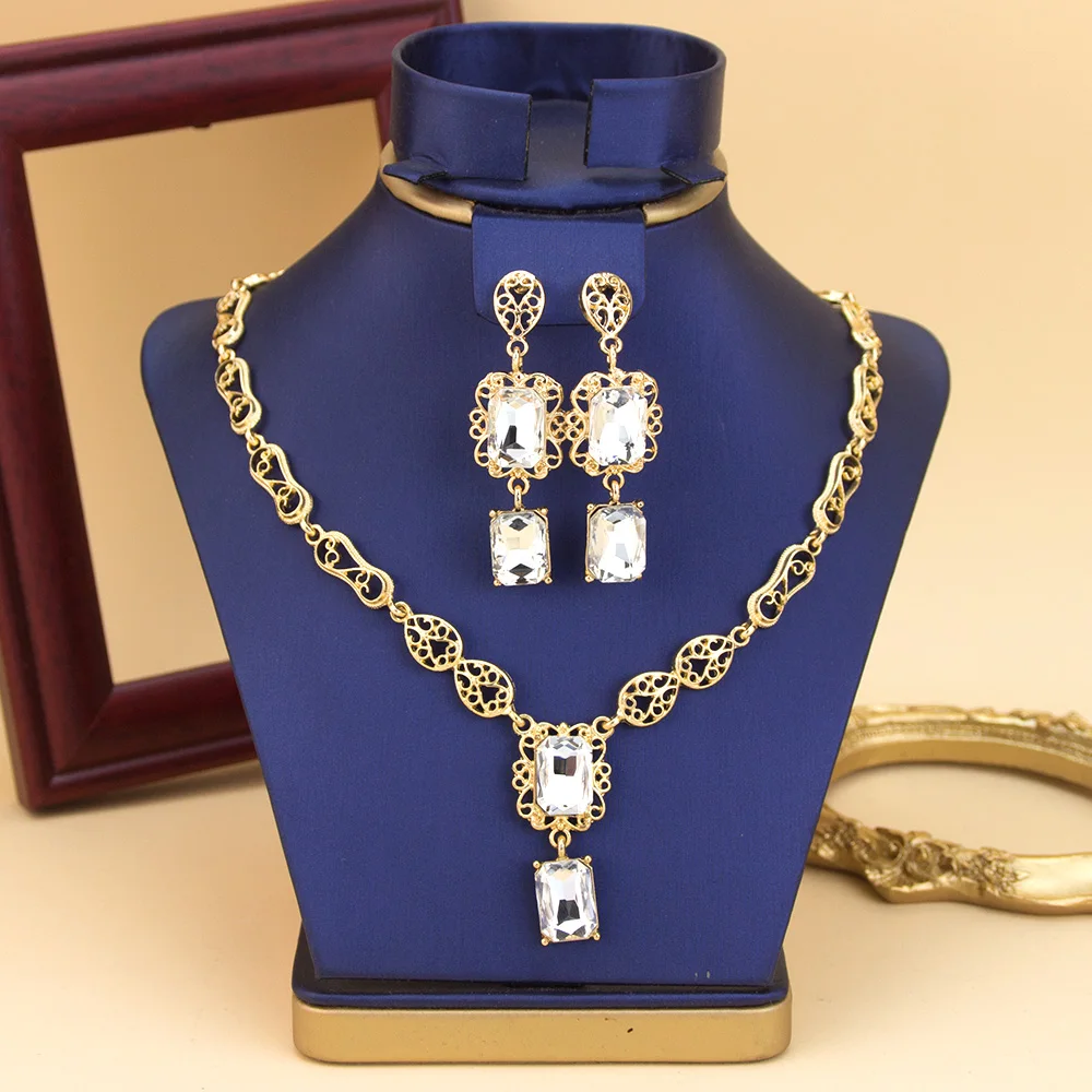 Marokko Stil Halskette Ohrring Set Für Frauen Luxus Arabisch Rot Grün Kristall Quadrat Anhänger Hals Chian Braut Schmuck – Detail 2
