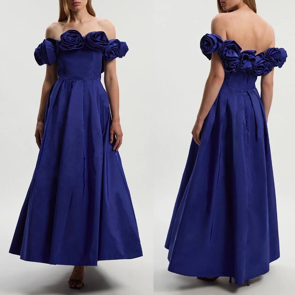 

Customized Matching Fashion Pleat Handmade Flower A-line Off-the-shoulder Long Dresses Bespoke Occasion Dresses Exquisite Retro