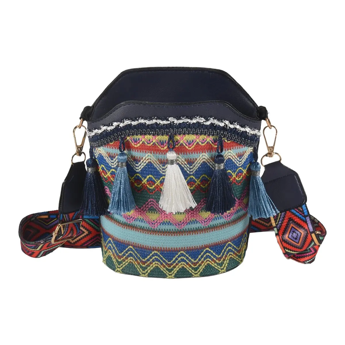 【RELAXATION】Fashion Bohemian Ethnic Style Women's Straw Woven Shoulder Messenger Bag Retro Casual Tassel Bucket Bag Navy Blue