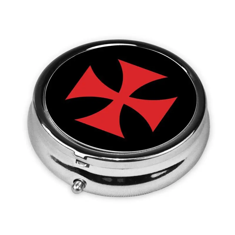 Custom Knights Templar Flag Pill Box 3 Compartment Small Pill Case for Purse or Pocket Bronze Small Roud Pill Box for Vitamins