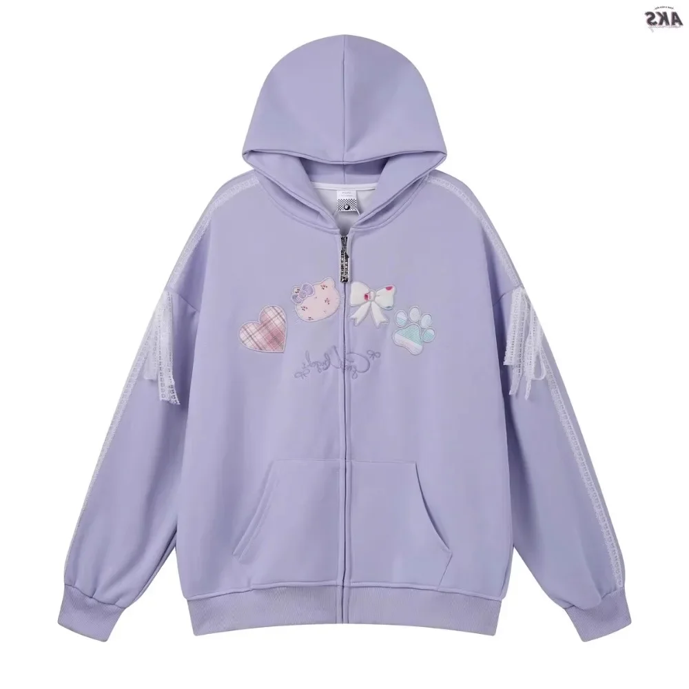 Harajuku Hochwertige Stickerei Hoodie Jacke Süße Süße Katze Cartoon Sweatshirts Mantel Oversize Lolita Y2k Mädchen Kawaii Japanisch