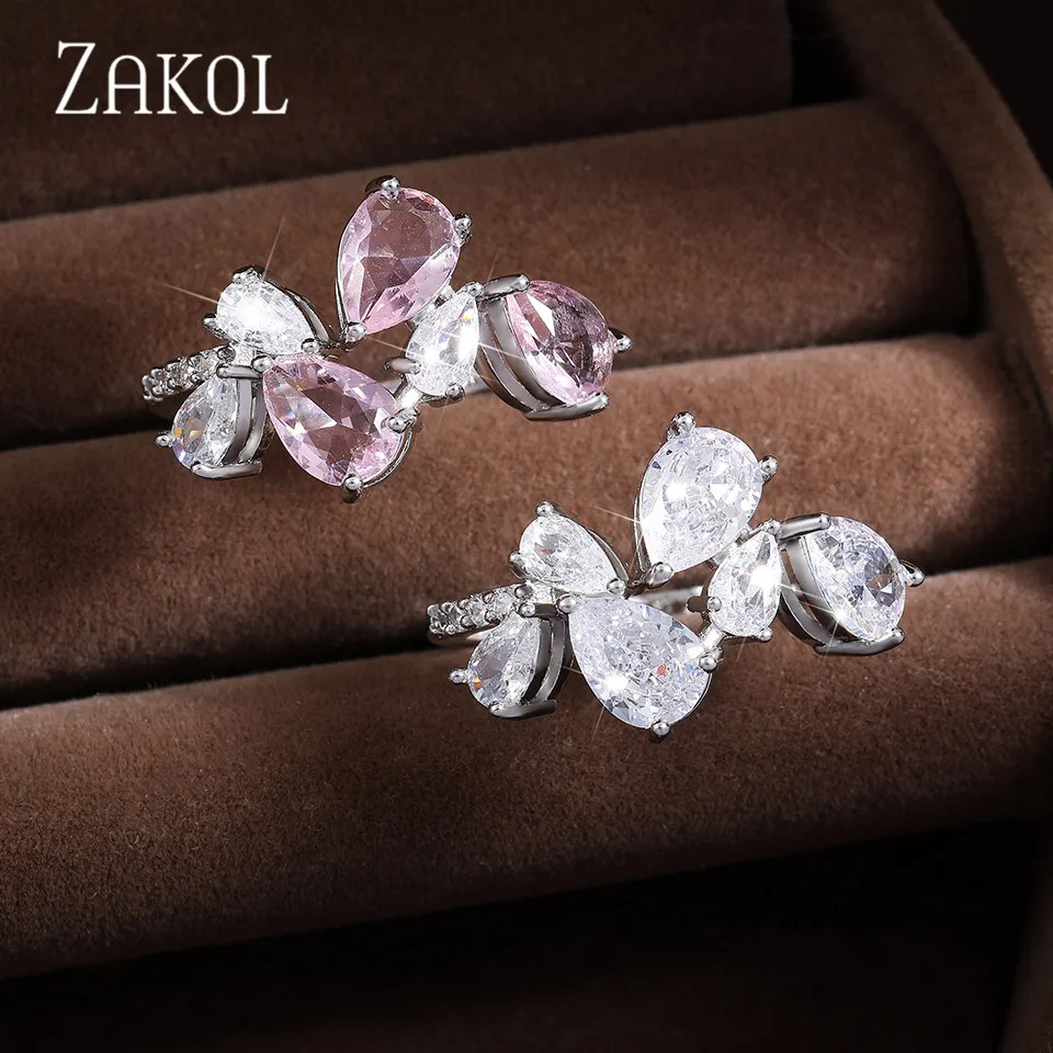 ZAKOL Delicate Pink Water Drop Finger Rings for Women Shiny Cubic Zirconia Ring Fashion Party Wedding Jewelry INS Style