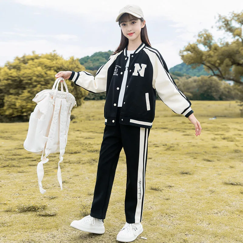 Korean Spring Autumn School Girl Baseball Suit Teenager Girl Contrast Striped Coat+Sweatpants Child Jogger Workout Set 5-14Yrs