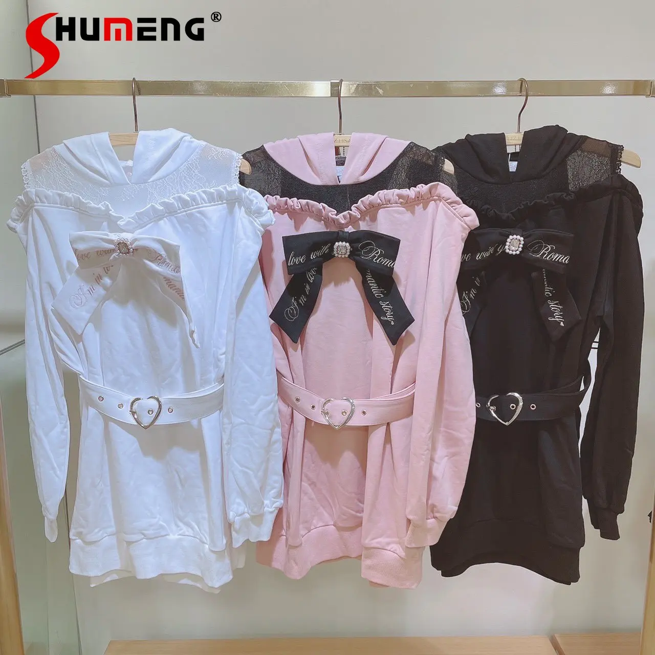 kawaii clothes Japanese Woman Hooded Sweatshirt 2023 Autumn New Lace Patchwork off-Shoulder Long Sleeve Embroidered Bow Hoodies