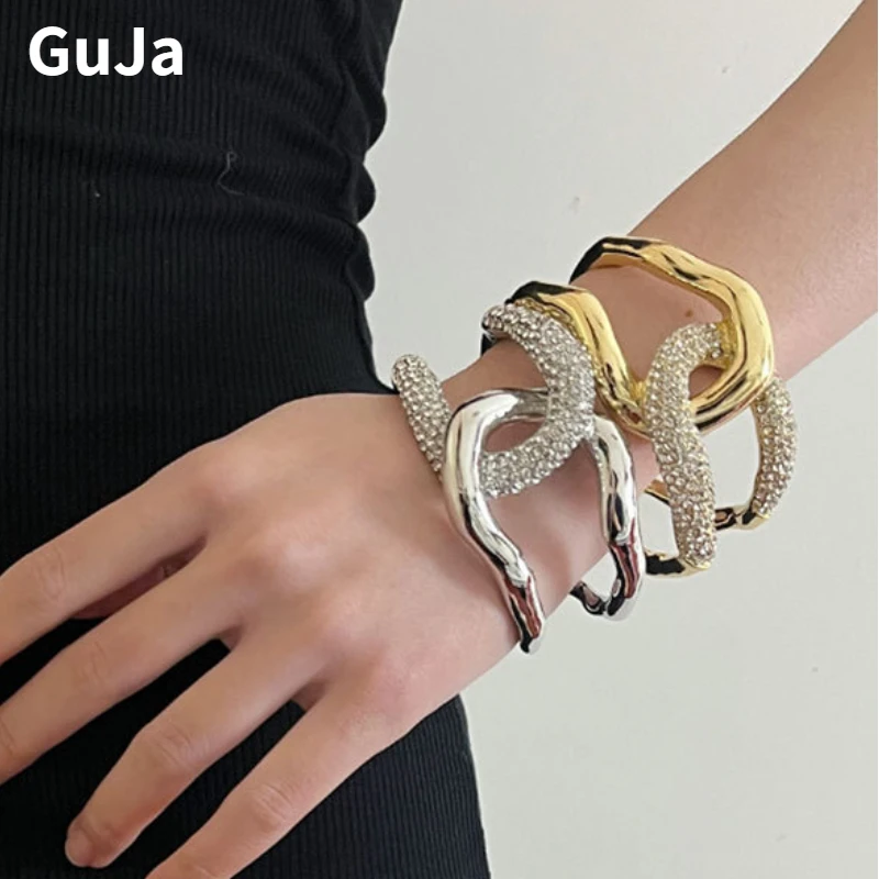 Modern Jewelry Luxury Temperament Glass Charm Metal Open Cuft Bracelets For Women Female Gifts Exaggerative Accessories